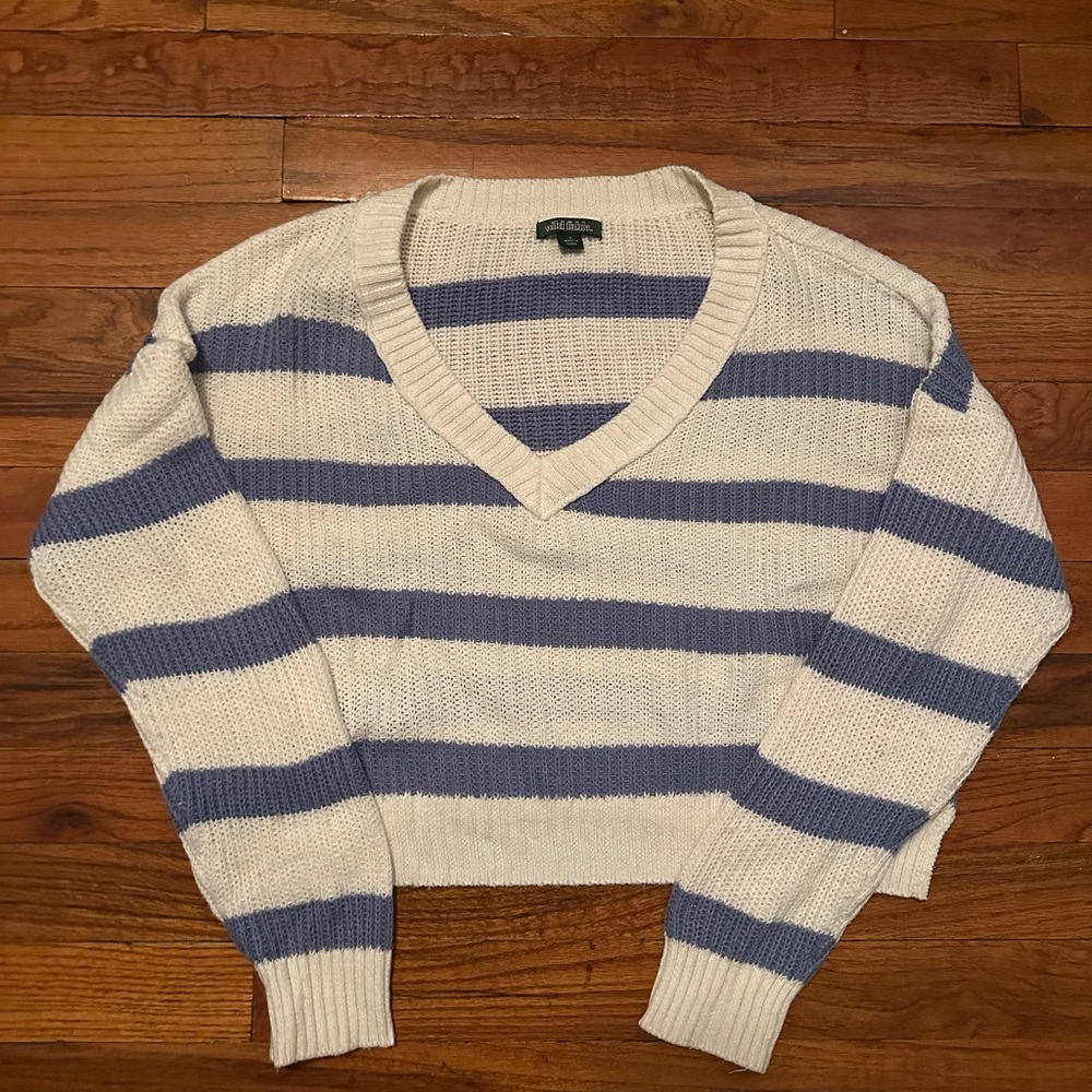 Striped V-Neck Sweater - Blue and Cream